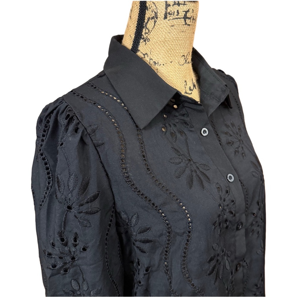 Black Button Down Long Sleeve Eyelet Blouse Size Large - Picture 5 of 7
